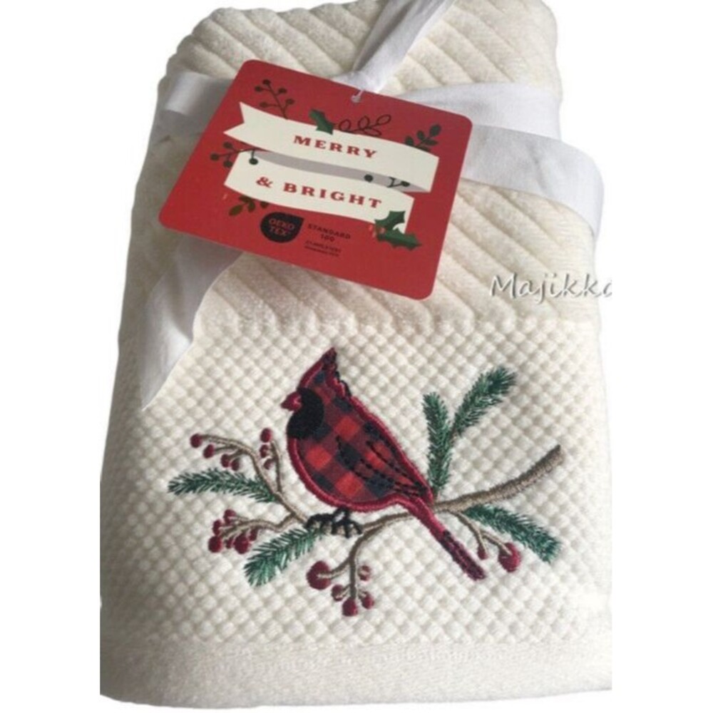 Cardinal Christmas Hand Towels Set of 2 Embroidered Buffalo Plaid Merry Bright